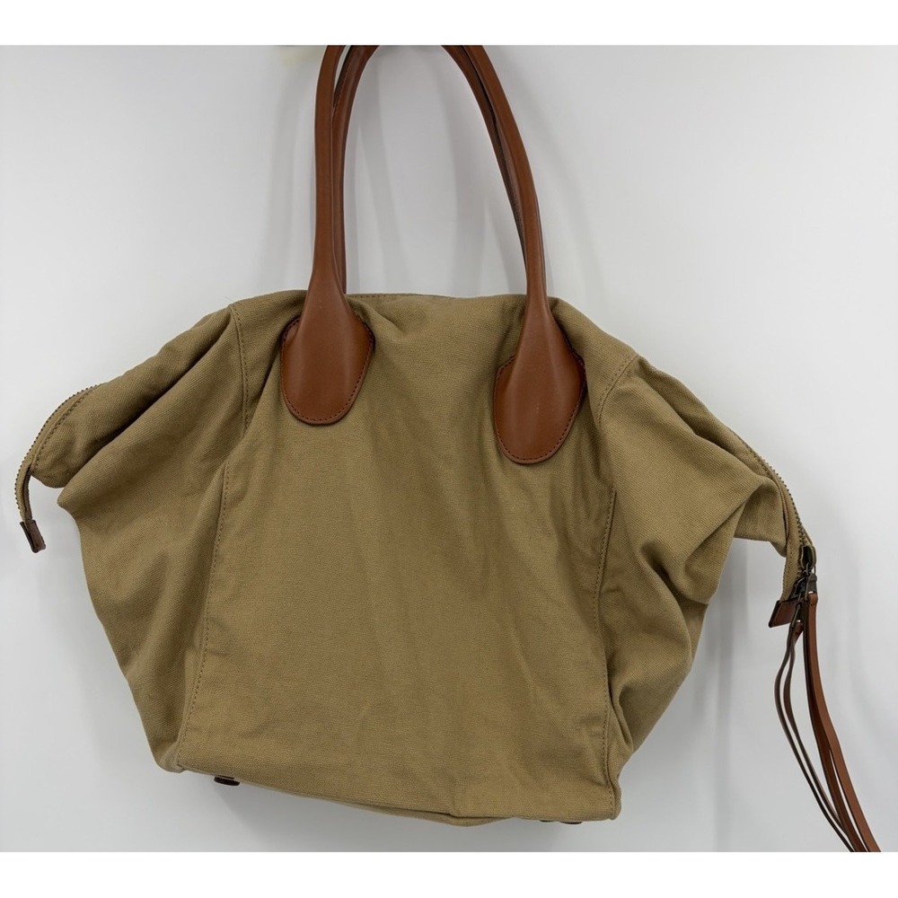 Linea Pelle Brown Tan Cotton Canvas Zip Top Tote Shoulder Bag Large
